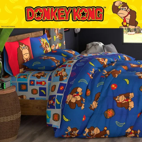 Miniatura 8 de Franco - Juego de ropa de cama coleccionable Nintendo Donkey Kong, 7 piezas, edredón reversible supersuave y juego de sábanas con funda, tamaño Rojo
