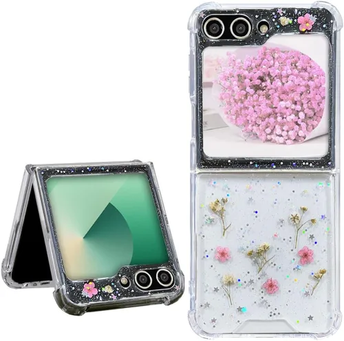Miniatura 33 de Abbery Funda transparente para Samsung Galaxy Z Flip 3 5G, transparente y con diseño de purpurina bonita con purpurina floral prensada de Rosa