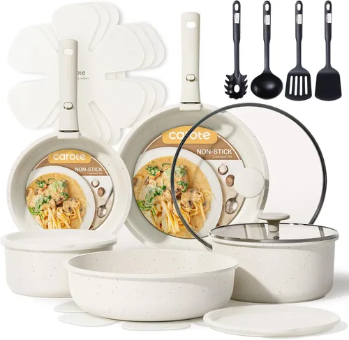 Miniatura 10 de CAROTE Juego de ollas y sartenes antiadherentes de inducción, juego de utensilios de cocina de 16 piezas, apilables, granito gris pardo Beige granito