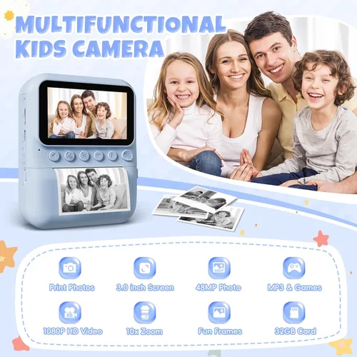 Miniatura 3 de Cámara para niños, impresión instantánea, pantalla de 3.0 pulgadas, cámara instantánea de foto de 48 MP para niños con tarjeta de 32 GB, juguete