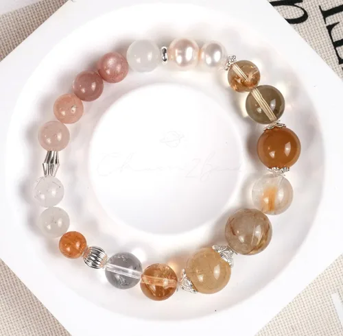 Miniatura 51 de Precious Gemstone Natural Crystal Healing Bracelet, Rutilated Quartz, Moonstone, Quartz Handmade Original Design Bracelet