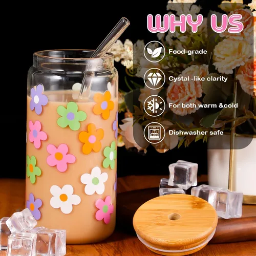 Miniatura 3 de Cunhill 2 juegos de regalos estéticos de margaritas, taza de café helado, bonitas tazas de vidrio con tapas y pajitas, tazas lindas, taza de flores