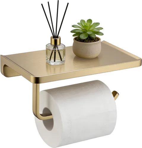 TRUSTMI Soporte de papel higiénico con estante para teléfono, accesorios de baño, dispensador de rollo de pañuelos, almacenamiento, montaje en Oro