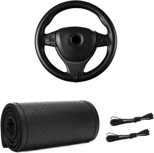 Miniatura 7 de Funda de Volante de Cuero Genuino, Envoltura con Costura para Volante de hasta Diámetro 15 Pulgadas, Protector de Volante de Costura DIY, Accesorios