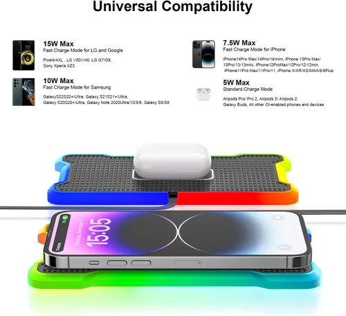 Miniatura 4 de POLMXS - Cargador inalámbrico para automóvil, cargador inalámbrico para teléfono celular, con luz RGB, alfombrilla de carga inalámbrica compatible