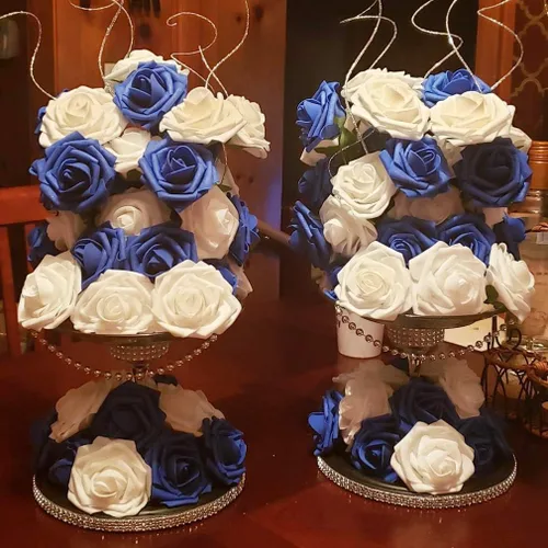 Miniatura 9 de Higfra Flores artificiales, 25 unidades, rosas falsas de aspecto real con tallos para ramos de boda, centros de mesa de baby shower, arreglos Blanco