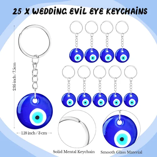 Miniatura 2 de Ferreve Juego de 25 regalos de boda para invitados, llavero azul de ojo malvado para buena suerte, tarjetas de deseos de boda, bolsas de organza