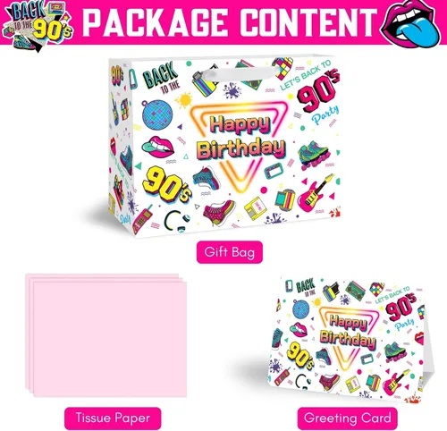 Miniatura 4 de BATYONGOGA Bolsa grande de regalo de cumpleaños retro de los años 90 con asas, incluye tarjeta de felicitación y papel de seda, bolsas de regalo