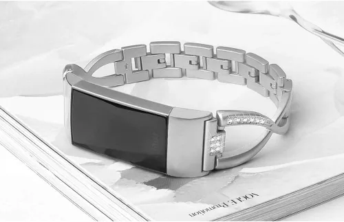 Miniatura 5 de Bandas compatibles con Fitbit Charge 2, bandas de metal con diamantes de imitación brillantes de repuesto para mujer, plata, oro rosa, negro plateado
