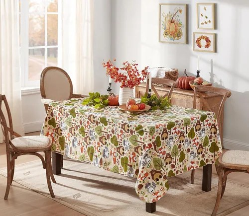 Miniatura 5 de Newbridge Woodsy - Mantel de vinilo con parte trasera de franela de otoño y Acción de Gracias, diseño de criaturas del bosque caprichosas
