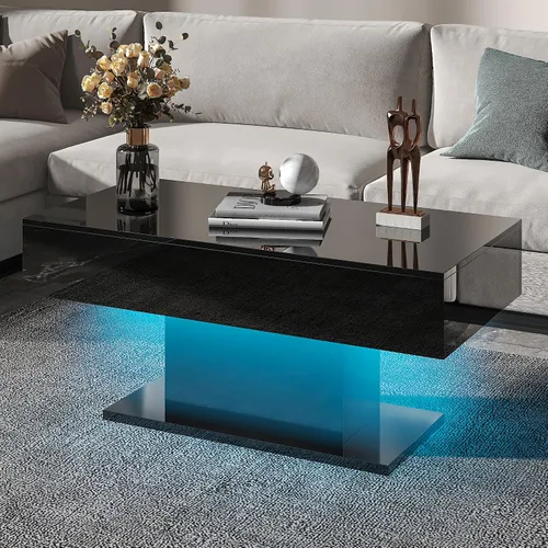 Miniatura 9 de HedoAjim - Mesa de café LED para sala de estar, mesa rectangular central de sala de estar, mesas de café modernas de madera con alto brillo y luces