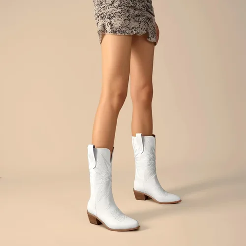 Miniatura 4 de olomisa Botas vaqueras para mujer, botas metálicas bordadas con punta puntiaguda, tacón grueso, botas vaqueras de media pantorrilla