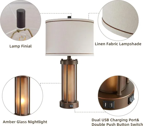 Miniatura 5 de Juego de 2 lámparas de mesa de estilo granja para sala de estar con 2 puertos de carga USB, lámparas rústicas vintage para mesita de noche con luz