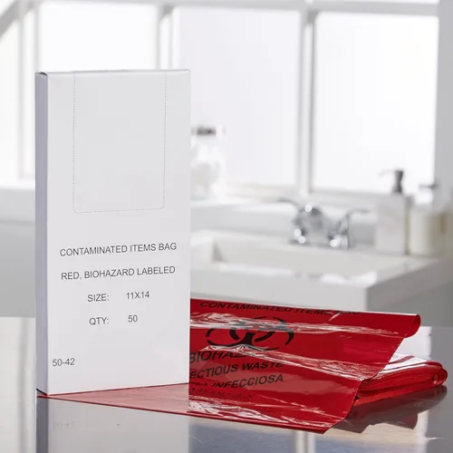 Miniatura 9 de McKesson Bolsa de basura infecciosa, riesgo biológico, fondo sellado con estrellas, rojo, 1.5 mil, 1 a 3 galones, 11 x 14 pulgadas, 50