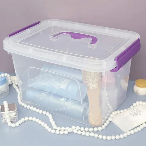 Miniatura 4 de Contenedor de plástico transparente con tapa, caja de cierre de 6 cuartos de galón con mango morado, 6 paquetes