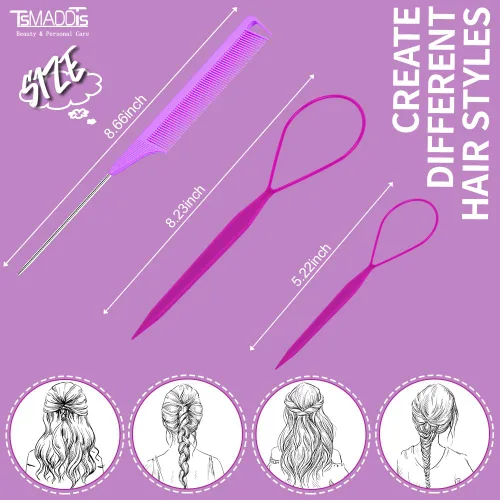 Miniatura 3 de TsMADDTs Juego de 3 herramientas para el cabello con 2 bucles de herramientas de trenzado francés, 1 peine de cola de rata, peine de metal