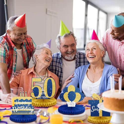 Miniatura 5 de Spakon 8 Piezas Decoraciones de Mesa Centros de Mesa de Panal con Purpurina Adornos de Mesa Decoraciones de Fiesta para Hombres y Mujeres Azul dorado