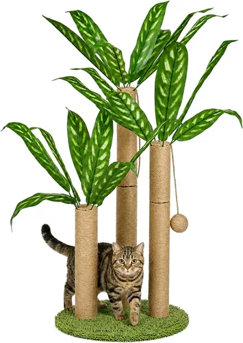 Miniatura 11 de LEMONDA Poste Rascador para Gatos de 31.5 Pulgadas, Árbol Rascador para Gatos con 3 Postes Rascadores y 2 Pelotas Colgantes Interactivas, Postes