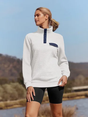 Miniatura 2 de MEROKEETY sudadera de manga larga con cuello en V y botones acolchados con retazos para mujer.