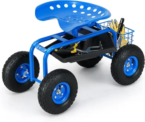Miniatura 10 de Giantex Asiento de trabajo de jardín rodante, asiento de trabajo de jardinería giratorio 360 con ruedas, cesta de herramientas, altura ajustable