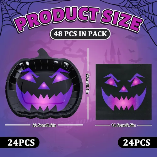 Miniatura 2 de Whaline 24 platos y servilletas de papel de calabaza de Halloween, platos desechables espeluznantes de cara de calabaza negra y morada, decoración