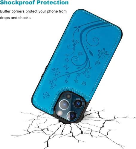 Miniatura 6 de Vaburs Funda compatible con iPhone 13 Pro Max con tarjetero y diseño de mariposa en relieve, de piel sintética, doble botón, a prueba de golpes, Azul