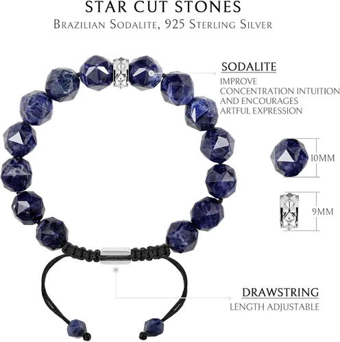 Miniatura 4 de AWNL Men's Beaded Bracelet with Sterling Silver Charm Adjustable Drawstring 10mm Sodalite Red Tiger's Eye Natural Gemstone, 5.9''-7.5