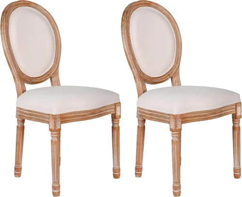 Polar Aurora Juego de 2 sillas de comedor con respaldo cuadrado de tela beige con patas de madera maciza y marco para cocina francesa de campo y