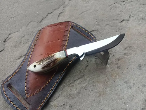 Cuchillo de vaquero de hoja fija hecho a mano de 7 pulgadas con funda de cuero, hoja afilada de acero inoxidable y mango de ciervo para caza,