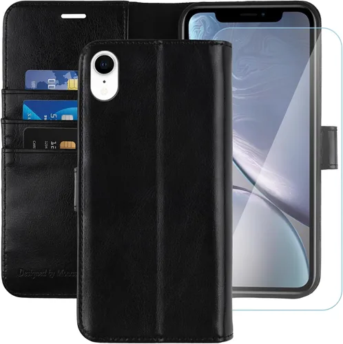 MONASAY Funda tipo cartera compatible con iPhone XR de 6.1 pulgadas, protector de pantalla de cristal incluido, bloqueo RFID, funda de piel con tapa