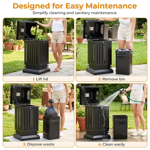 Miniatura 5 de BEAMNOVA Cubo de basura negro para exteriores, bandeja superior de acero inoxidable con tapa de bloqueo, contenedor de basura industrial resistente