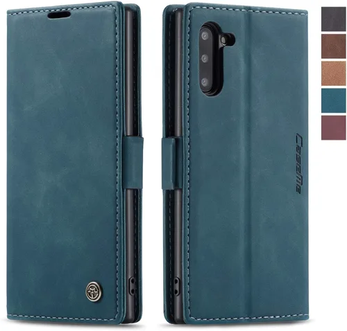 japezop Funda tipo cartera compatible con Samsung Galaxy Note 10, con soporte magnético, funda protectora de piel sintética, estilo retro, con Azul