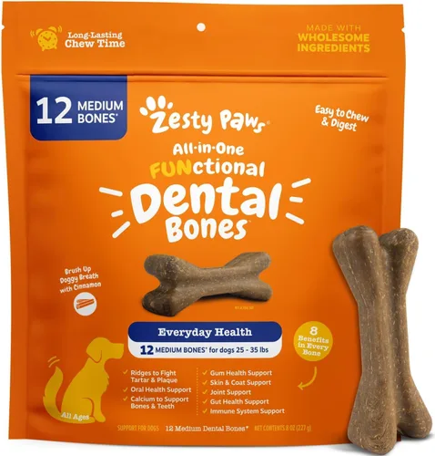 Huesos dentales Zesty Paws - Lucha contra el sarro y la placa - Salud de las encías, dientes y huesos - Canela para el aliento de los perros - Apoyo