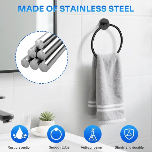 Miniatura 3 de Portatollas de Mano Atornillable Negro Mate Anillo para Toallas para Pared de Baño de Acero Inoxidable Colgador de Toallas Redondo para Accesorios