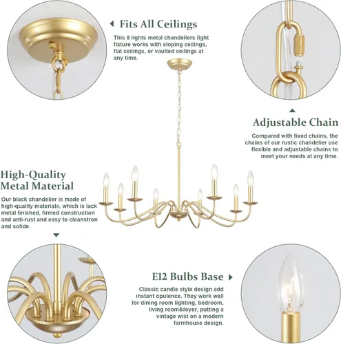 Miniatura 5 de Candelabro Dorado de 8 Luces Candelabro Moderno de Granja Accesorios de Iluminación Candelabro Colgante Rústico de Velas para Sala de Estar