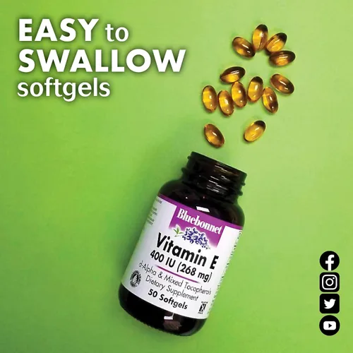 Miniatura 4 de Bluebonnet Nutrition Vitamina E 400 UI (268 mg) Cápsulas blandas mixtas de tocoferoles, portección de radicales libres y soporte cardiovascular, sin