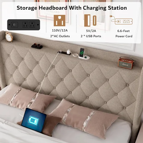 Miniatura 3 de iPormis Base de cama de almacenamiento elevable de tamaño completo con estación de carga, base de cama de plataforma tapizada con cabecera capitoné
