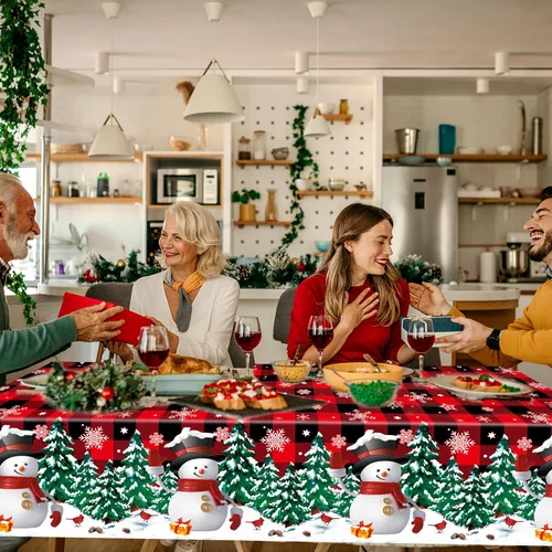 Miniatura 7 de 2 manteles de plástico desechables de Navidad con diseño de muñeco de nieve, mantel rectangular de Navidad con diseño de copo de nieve y búfalo