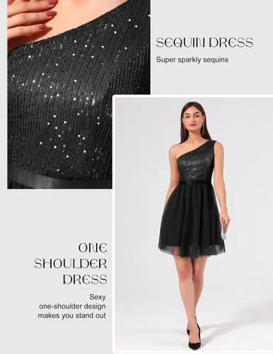 Miniatura 3 de BeryLove Vestido de lentejuelas para mujer, con purpurina brillante, un hombro, vestido de fiesta, club, vestido de fiesta bodycon vestido