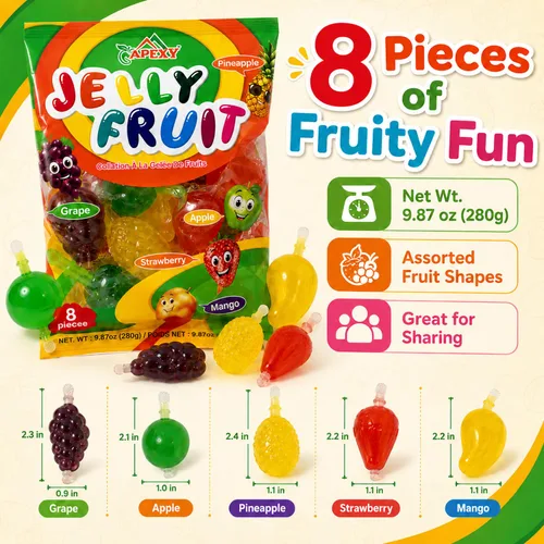 Miniatura 5 de Apexy Caramelos de gelatina de frutas, varios bocadillos de gelatina en forma de fruta, sabor a fresa, mango, manzana, piña, uva, caramelo asiático