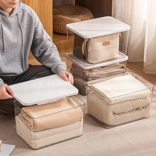 Miniatura 7 de Juego de cubos de almacenamiento de plástico con tapa, organizador de cesta de escritorio transparente, contenedor de cocina, ropa, armario, estante