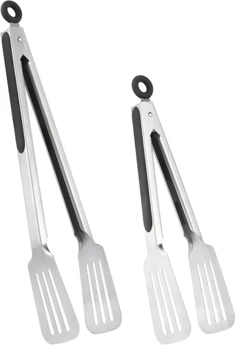 Pinzas de metal para cocinar, juego de 2 pinzas de espátula de acero inoxidable para asar a la parrilla, cocinar y voltear, agarre fuerte para