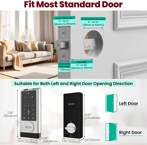Miniatura 7 de DEVO G1 Cerradura inteligente de video 6-en-1 con cámara y timbre, cerradura de puerta de entrada sin llave con huella dactilar, cerraduras