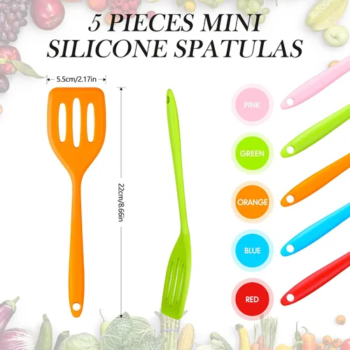 Miniatura 2 de Paquete de 5 espátulas pequeñas de silicona, mini espátula de goma resistente al calor, espátula de huevo ranurado para pescado, aleta pequeña