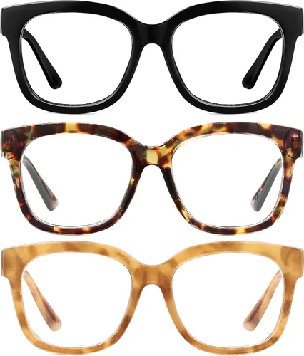 JM Gafas de lectura para mujer, estilo Oprah, paquete de 3, cuadradas, de gran tamaño, con bisagra de resorte, bloqueo de luz azul, para mujer