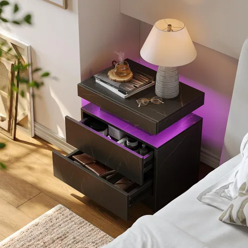 Miniatura 3 de Juego de 2 mesitas de noche con 2 cajones de madera, moderna mesita de noche LED para dormitorio LED Night Stand set 2,Night Stands set of 2 for