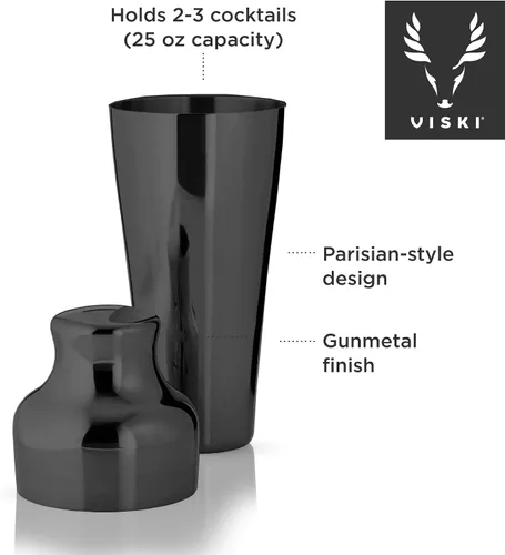 Miniatura 2 de Viski Coctelera parisina contorneada de acero inoxidable pulido de alto brillo con tapa y colador integrados, color negro, juego de 1 unidad de 25