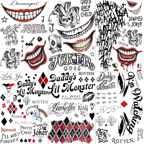 VANTATY 6 hojas de tatuajes 3D Joker para hombres, adultos y mujeres, tatuajes temporales de Halloween para mujeres, niñas, niños, calcomanías de B