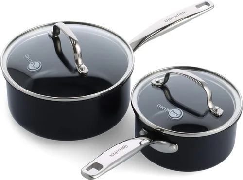 Miniatura 5 de GreenPan Paris Pro - Juego de sartenes antiadherentes de cerámica anodizada dura, de 8 y 10 pulgadas y cacerola Chatham Black Prime Midnight