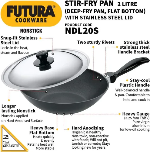 Miniatura 2 de Hawkins Futura - Sartén antiadherente para freír (2 L, 10.2 in, 0.128 in, con tapa SS), color negro